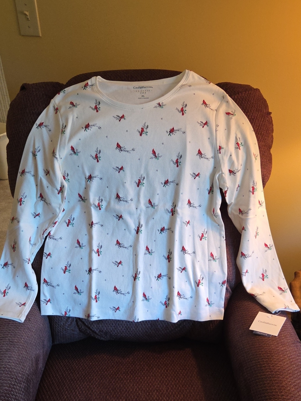 Crift & Barrow Ivory Long-Sleeve Tee with Red Cardinal Print NWT PL